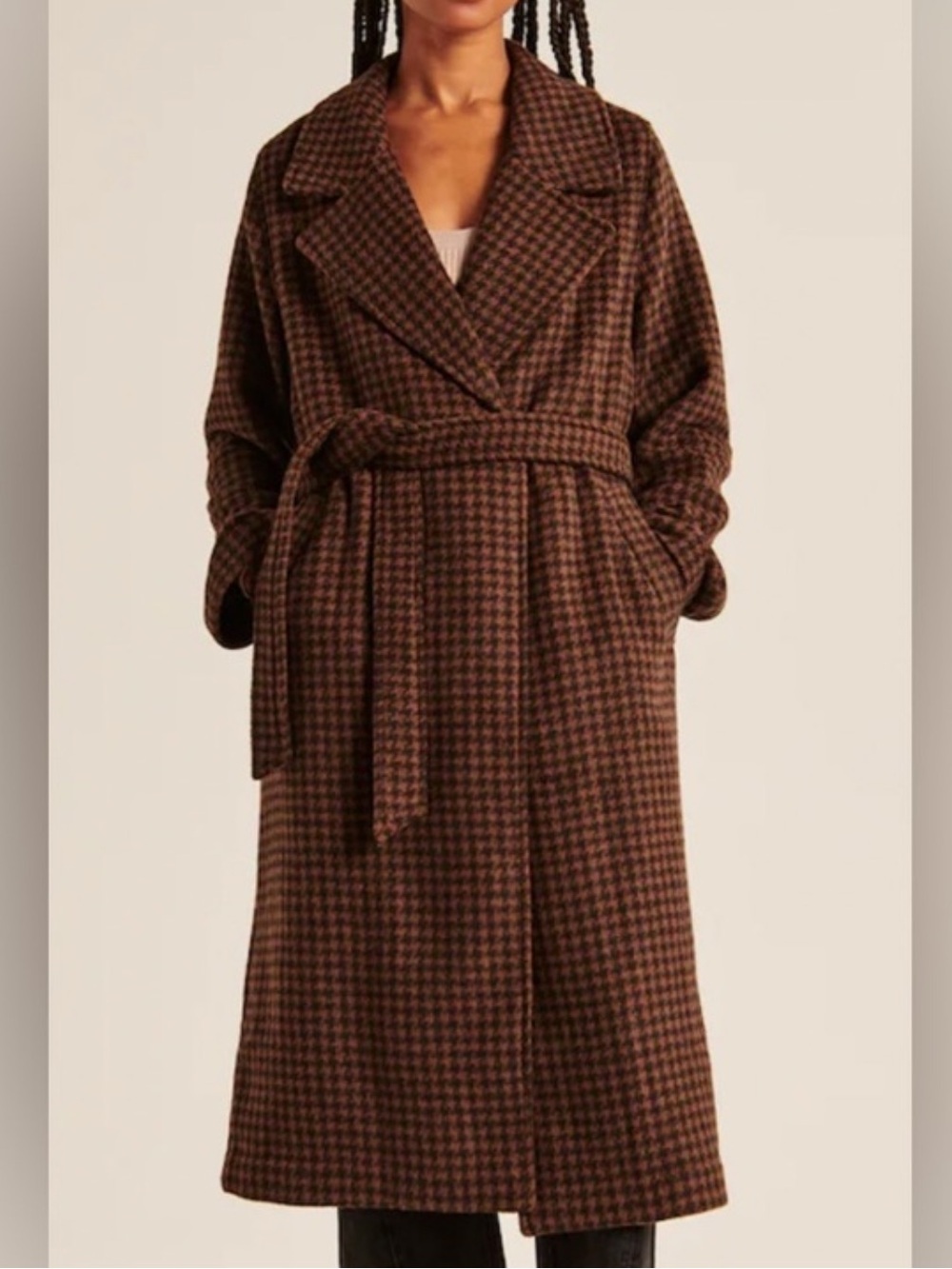 Abercrombie & Fitch Wool Blend Brown Houndstooth Wrap Coat
